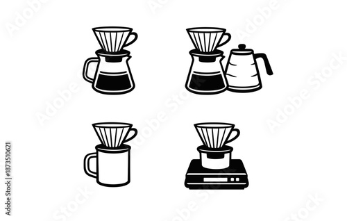 Black and white coffee brewing icons: v60 dripper set, mug, kettle, scale