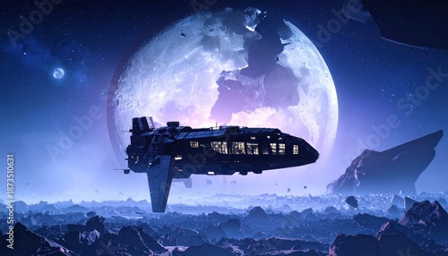 Wallpaper Mural Futuristic Spaceship Approaching Alien Planet with Giant Moon. Torontodigital.ca