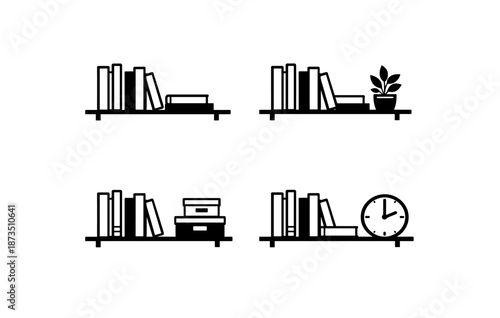 Minimalist bookshelf set with books, plant, and clock in simple black and white design