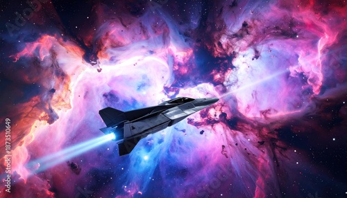 Wallpaper Mural Futuristic Spaceship Navigating Through a Vibrant Nebula in Deep Space. Torontodigital.ca