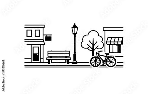 Minimalist urban street scene with bench, bicycle, and trees
