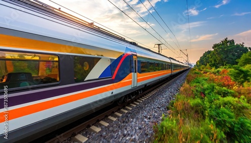 Modern High-Speed Train Traveling Through a Scenic Landscape at Sunset.