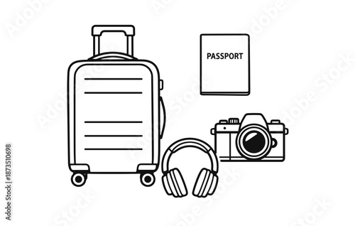 Travel essentials: suitcase, passport, camera, and headphones illustration