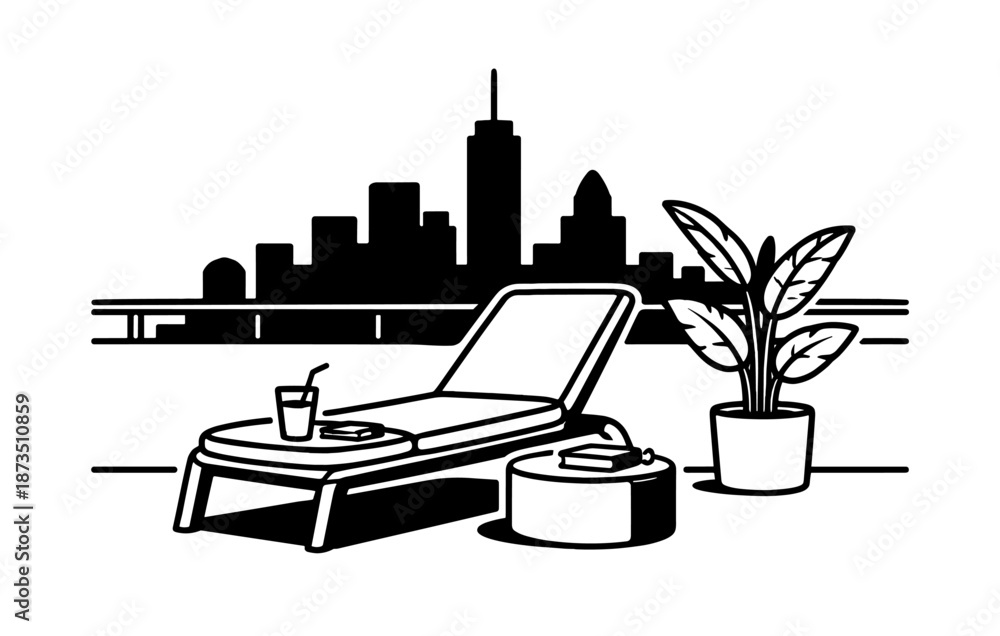 Fototapeta premium Urban rooftop lounge with city skyline and relaxing sunbed