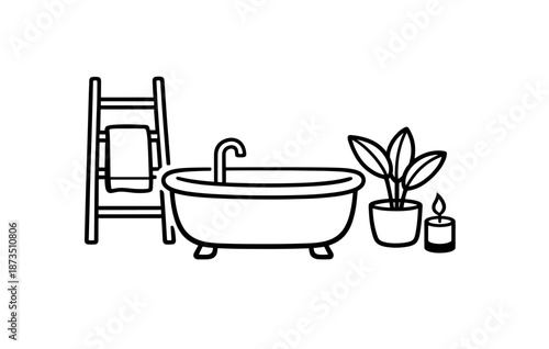 Minimalist bathroom decor with tub, plant, ladder, and candle in simple line art