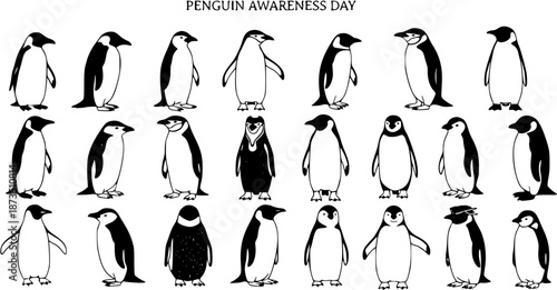 Penguin Awareness Day Black and White Line Art Vector Set. Collection of Diverse Penguin Species in Various Poses for Wildlife Education and Animal-Themed Graphics.