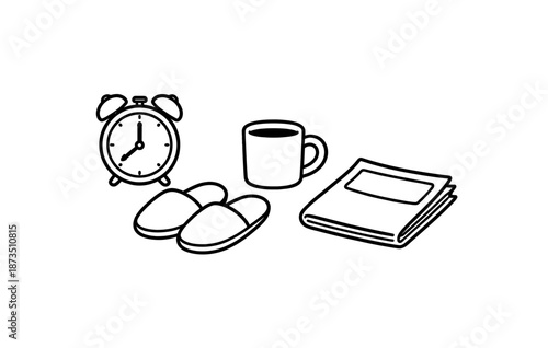 Cozy morning essentials: alarm clock, coffee mug, slippers, newspaper