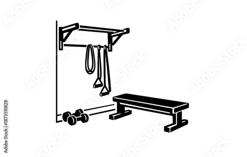 Home gym setup with bench, wall-mounted bar, dumbbells, and resistance bands