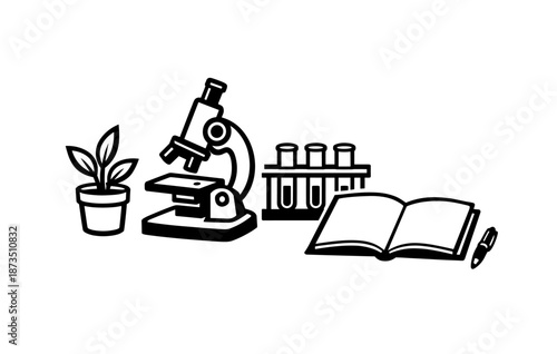 Scientific study tools icon: microscope, plant, test tubes, open book, pen