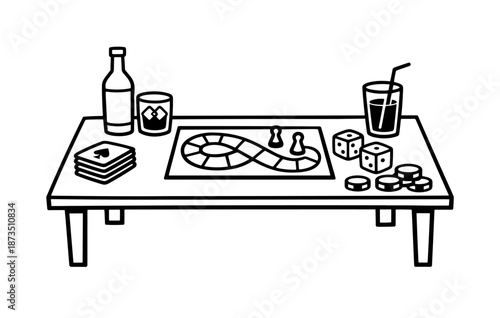 Family game night essentials with board game, dice, and drinks on table