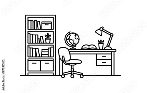 Minimalist home office setup with desk, chair, bookshelf, and globe