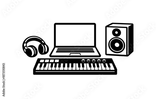 Digital music studio setup with laptop, keyboard, headphones, and speaker