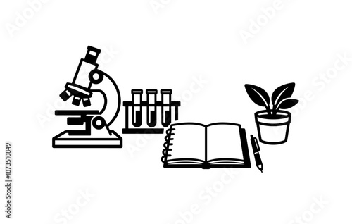 Science equipment and plant illustration with microscope, test tubes, notebook, and pen
