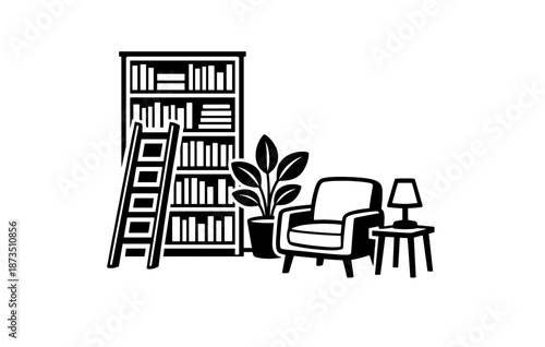Cozy library corner with ladder, bookshelf, armchair, lamp, and plant