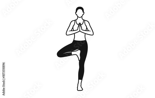 Female practicing tree pose yoga silhouette vector illustration