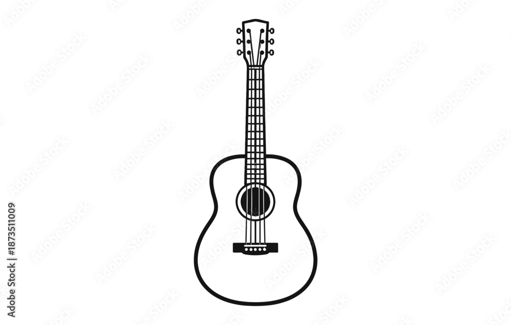 Obraz premium Black and white acoustic guitar illustration with strings and sound hole detail