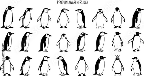 Collection of Black and White Hand Drawn Line Art Penguin Illustrations for Wildlife, Nature, and Animal Awareness Day Education and Conservation Designs