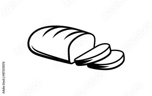 Monochrome drawing of sliced loaf of bread on white background