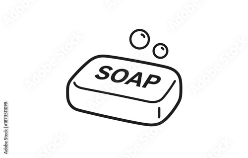 Bar of soap with bubbles line drawing on white background