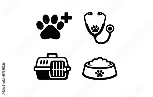 Veterinary icons: stethoscope, carrier, paw print, pet food bowl graphics