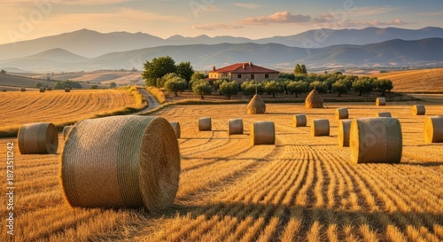 Harvested Field with Hay Bales and Mountains.