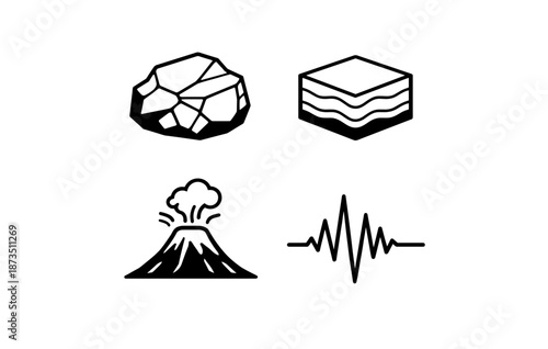 Geology icons: rock, sediment layer, volcano, seismograph symbols