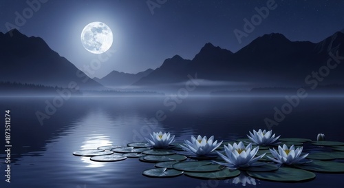 Moonlit Serene Lake with Water Lilies.