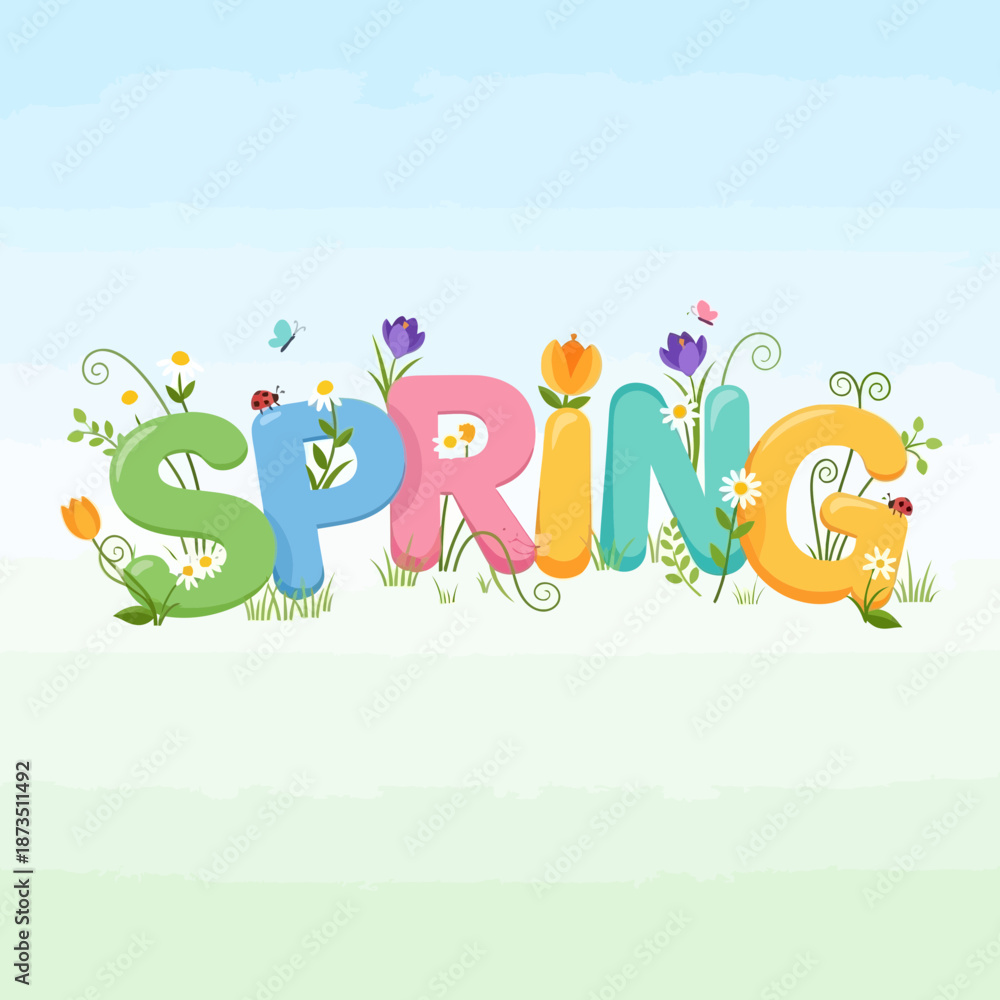 Fototapeta premium Spring season word art with colorful letters and blooming flowers