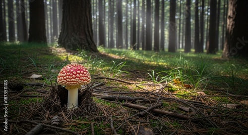 Red and White Mushroom in Forest.