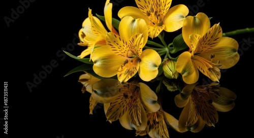 Yellow Alstroemeria Flowers on Black Background.