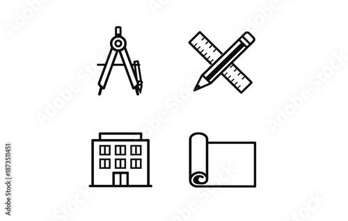 Architectural tools and icons: compass, pencil, ruler, building, blueprint