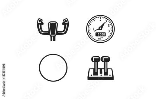 Aviation icons: cockpit controls, altimeter, steering, throttle