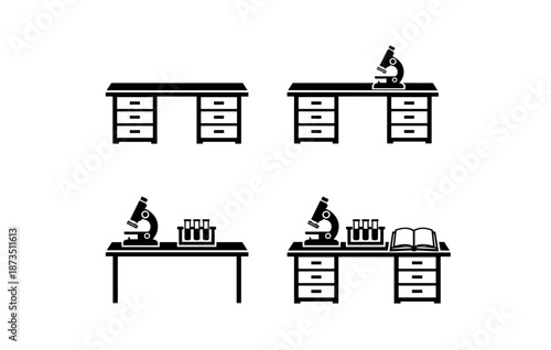 Science lab icons: microscope, desks, and test tubes in black and white