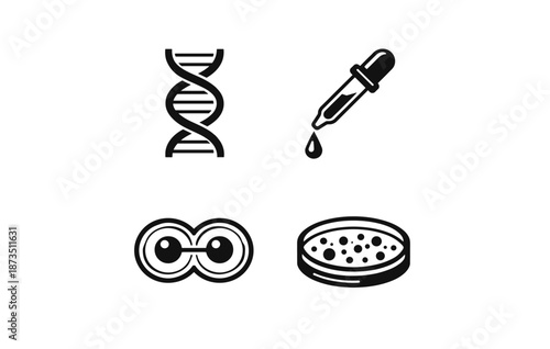 Dna helix, pipette droplet, cell division, and petri dish icons in black and white
