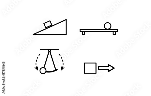 Simple machines: inclined plane, lever, pendulum, block and arrow
