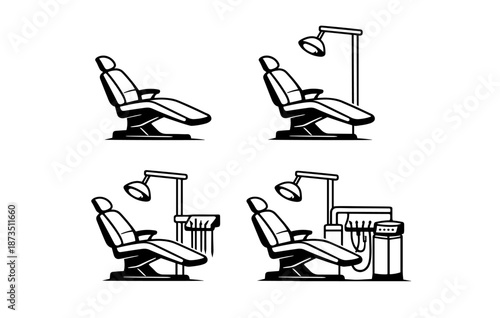 Set of four black and white dental chair illustrations