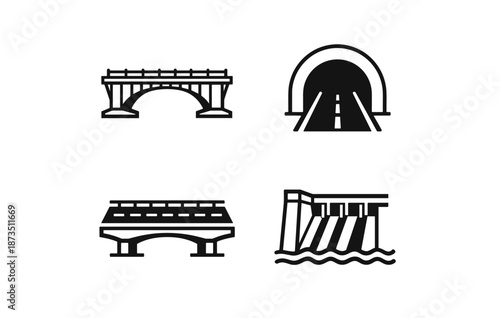 Minimalist icons of bridges, tunnel, and dam structures in black and white