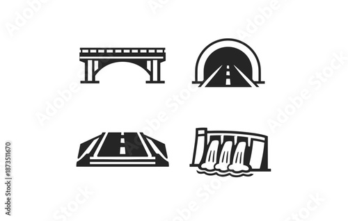 Set of transportation icons: bridge, tunnel, highway, dam in minimalist style