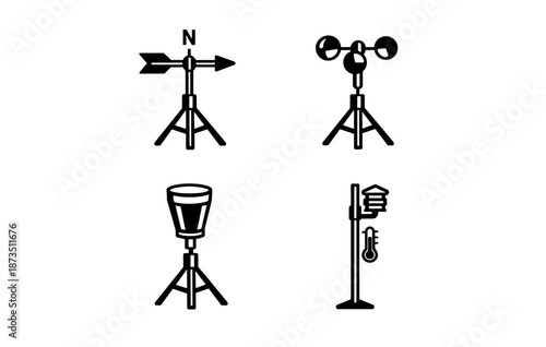 Weather instruments vector icons: wind vane, anemometer, rain gauge, thermometer