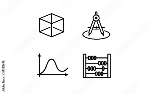Geometric tools and mathematical symbols including cube, compass, graph, and abacus