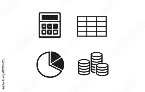 Black and white finance icons set: calculator, chart, and coins