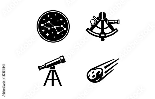 Astronomy essentials: constellation, sextant, telescope, meteor icon set