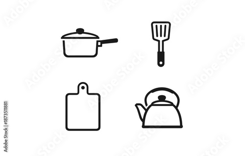 Simple black and white kitchen utensil icons set