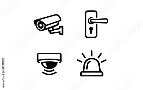 Home security icons: surveillance camera, door lock, cctv, alarm system