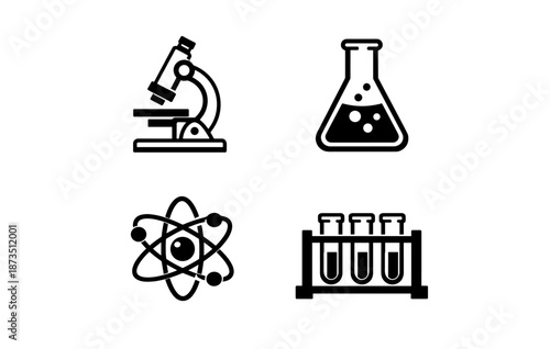 Simple science icons: microscope, flask, atom, test tubes for lab and chemistry themes