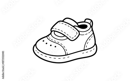 Simple line drawing of a baby sneaker with velcro strap and stitched details