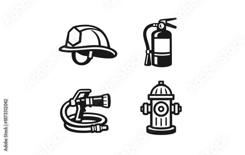 Fire safety icons: helmet, extinguisher, hose, hydrant in black and white design