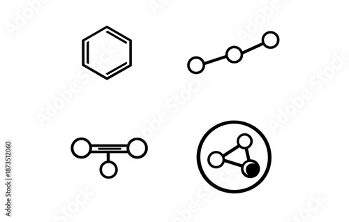 Simple chemical structure icons: benzene, linear, trigonal planar, cyclic molecules