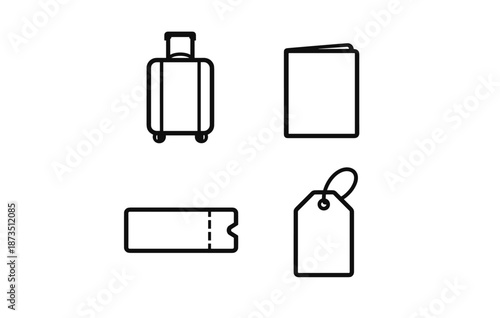 Minimalist travel icons: luggage, passport, ticket, and tag designs