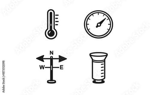 Weather instruments icons: thermometer, gauge, wind vane, rain gauge